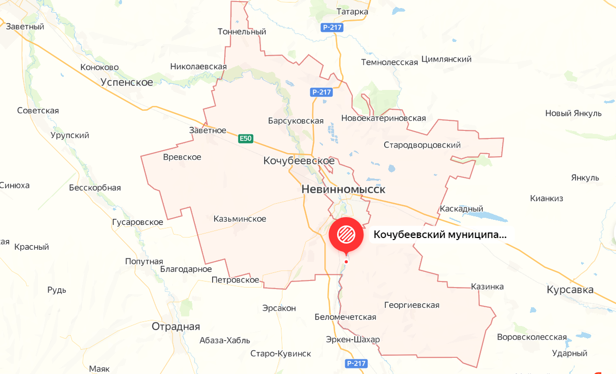 Кочубеевский район Ставропольского края на карте