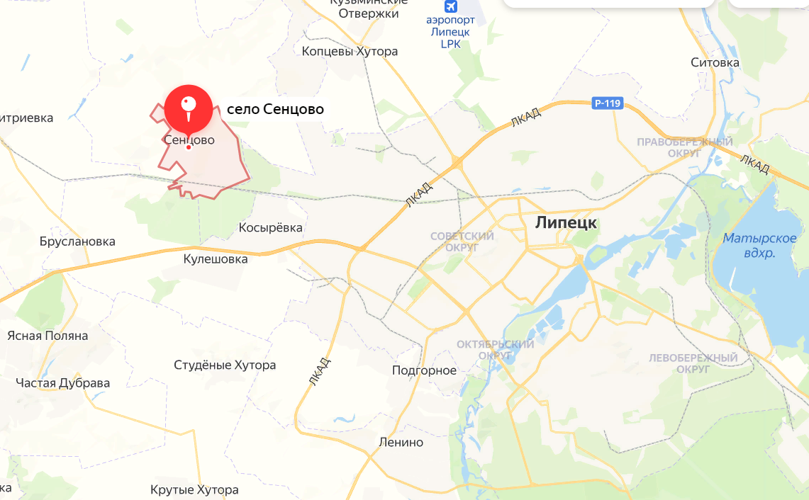 Село Сенцово Липецкой области на карте